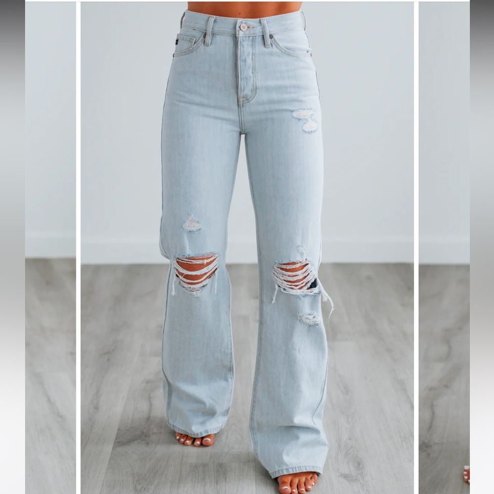 KanCan Sky Blue Ripped Wide Leg Jeans